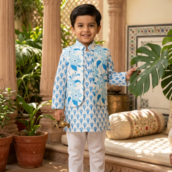 Soothing Floral print Boys kurta with jacket and white payjama